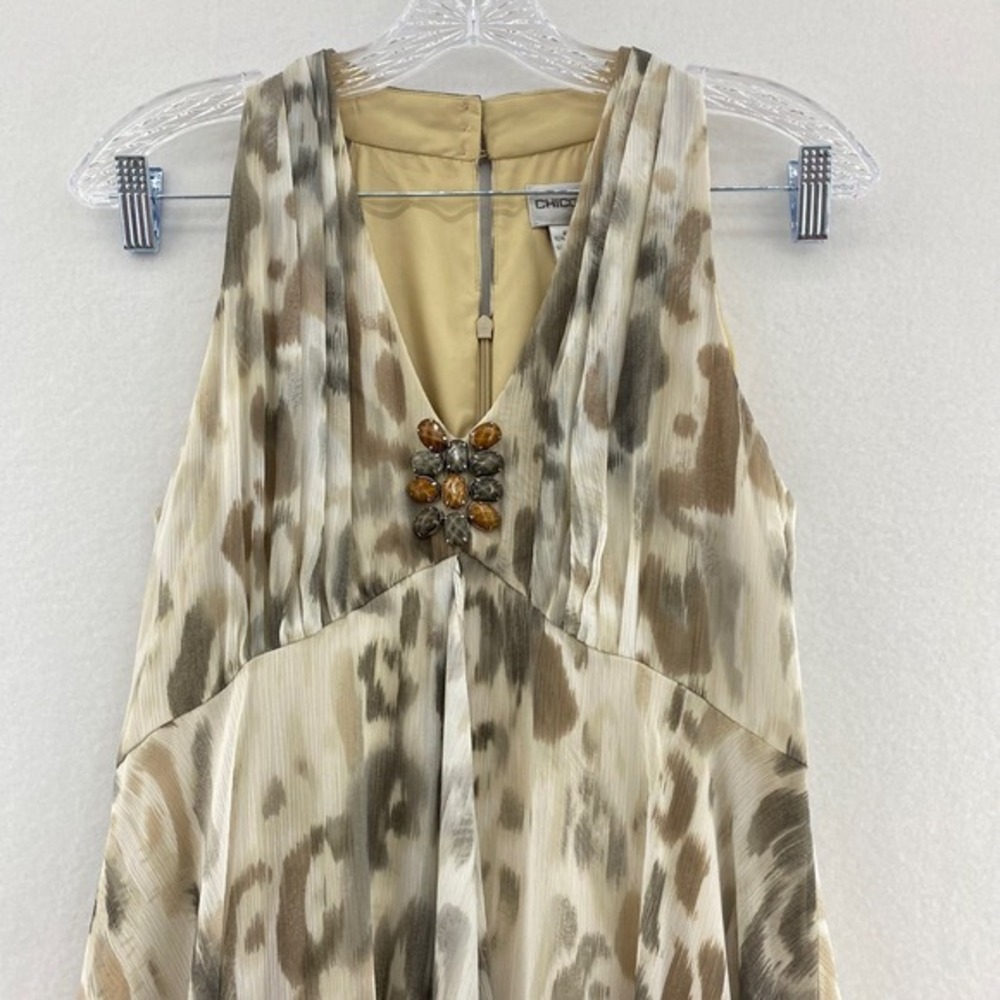 Chico's Midi Dress Animal Print Sleeveless Beaded Brooch 0.5‎ Flowy handkerchief